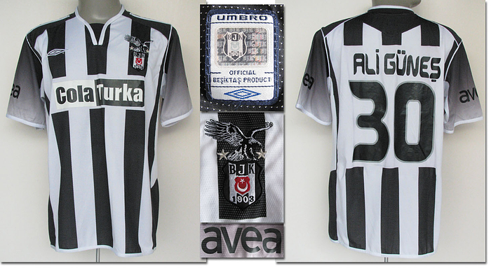Original match-worn/issued shirt for Besiktas Istanbul (Turkey) with the number 30. Worn by Ali Mehmet Günes in a friendly match between 2004 and 2007. This shirt was issued directly from a former Werder Bremen kit manager. Status: AAB --Short-sleeved jersey; size M; embroidered club emblem and umbro logo; rubberized 'Cola Turka' advertising lettering; rubberized back number and player name; with 2 avea patches; umbro. Condition: A