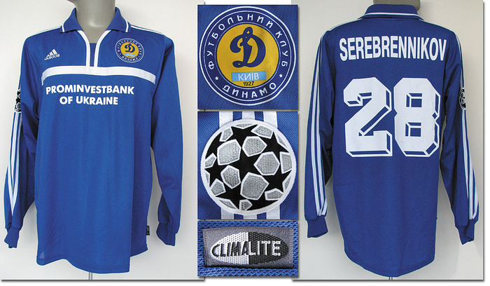 Kiew, Dynamo - Trikot 2001  | Original match worn Spielertrikot von Dynamo Kiew mit der Rückennummer 28. Getragen von Sergei Serebrennikov in Spielen der UEFA Champions-League in der Saison 2001/2002. Trikot direkt von einem ehemaligen Zeugwart von Werder Bremen. Status:ABB