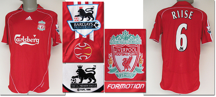 Original match-worn/issued Liverpool FC shirt with the number 6. Worn by John Arne Riise in a 2006 friendly match. Riise has been capped 108 times by Norway. This shirt comes directly from a former Werder Bremen kit manager. Status: ABB --Short-sleeved jersey; size L; embroidered club emblem and adidas logo; rubberized 'Carlsberg' advertising lettering; flocked back number and player name; with two Barclay Premiership patches; adidas formotion. Condition: A