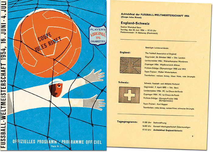 Fussball-Weltmeisterschaft 1954, 20.Juni 1954. Spiel Gruppe 4:  England - Schweiz in Bern. Offizielles Programm der FIFA Fussball - Weltmeisterschaft 1954.