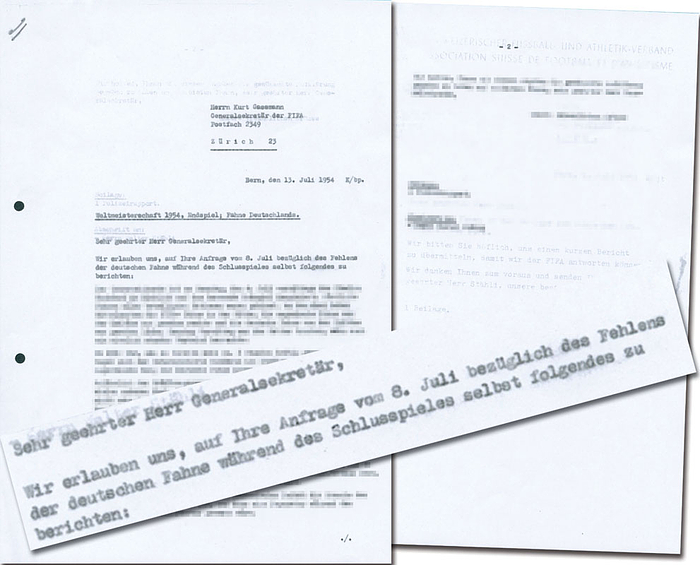Kopie eines Briefes vom 17.07.1954 aus den Unterlagen von Kurt Gassmann, Generalskretär der FIFA, zu der fehlenden deutschen Fahne während des Endspieles am 4.7.1954 in Bern!!!.