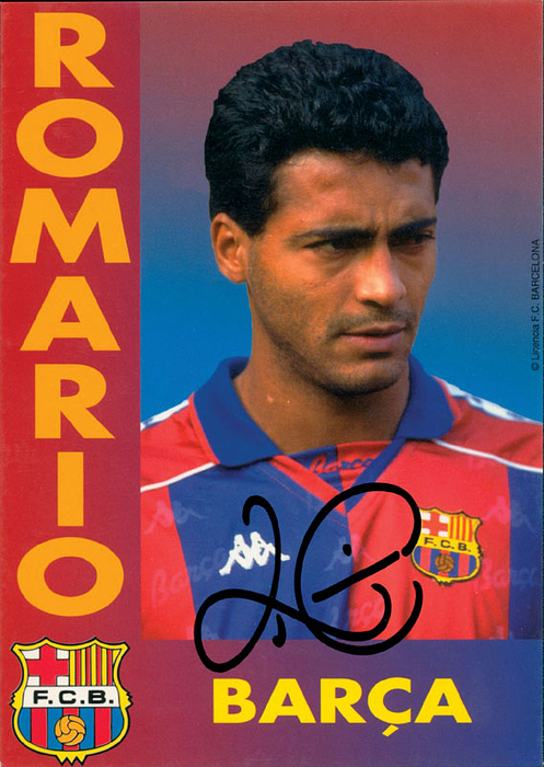 Farb-Autogrammkarte „F.C. Barca“ mit original Signatur von Romario. Brasilien Weltmeister 1994. 17x12 cm.