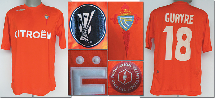 Original match worn / issued Spielertrikot vom RC Celta de Vigo (Spanien) mit der Rückennummer 18. Getragen von Antonio Guayre am 14.03.2007 im Europa-League-Spiel gegen Werder Bremen. Bremen - Vigo 2:0. Trikot direkt von einem ehemaligen Zeugwart von Werder Bremen. Status:AAA.