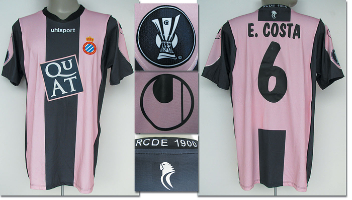 Original match worn / issued Spielertrikot vom RCD Espanyol Barcelona (Spanien) mit der Rückennummer 6. Getragen von Eduardo Costa (Ersatzspieler) am 3.05.2007 im Europa-League-Spiel gegen Werder Bremen. Bremen - Barcelona 1:2. Trikot direkt von einem ehemaligen Zeugwart von Werder Bremen. Status:AAA.