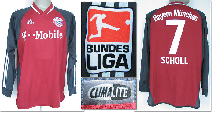 Original match worn Spielertrikot von Bayern München mit der Rückennummer 7. Getragen von Mehmet Scholl in der Fußball-Bundesliga-Saison 2002/2003. Trikot direkt von einem ehemaligen Zeugwart von Werder Bremen. Status:ABA.