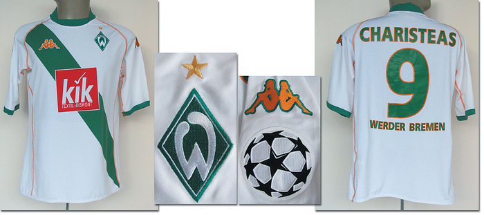 Original match worn Spielertrikot von Werder Bremen mit der Rückennummer 9. Getragen von Angelos Charisteas in einem Champions-League-Spiel in der Saison 2004/2005. Trikot direkt von einem ehemaligen Zeugwart von Werder Bremen. Charisteas wurde 2004 Europameister mit Griechenland unter Trainer Rehhagel. Status:ABA.