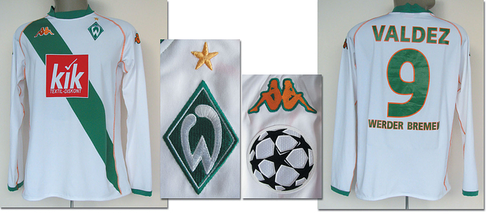 Original match worn Spielertrikot von Werder Bremen mit der Rückennummer 9. Getragen von Nelson Valdez in einem Champions-League-Spiel in der Saison 2005/2006. Trikot direkt von einem ehemaligen Zeugwart von Werder Bremen. Charisteas ist 58-facher Nationalspieler von Paraguay. Status:AAA.