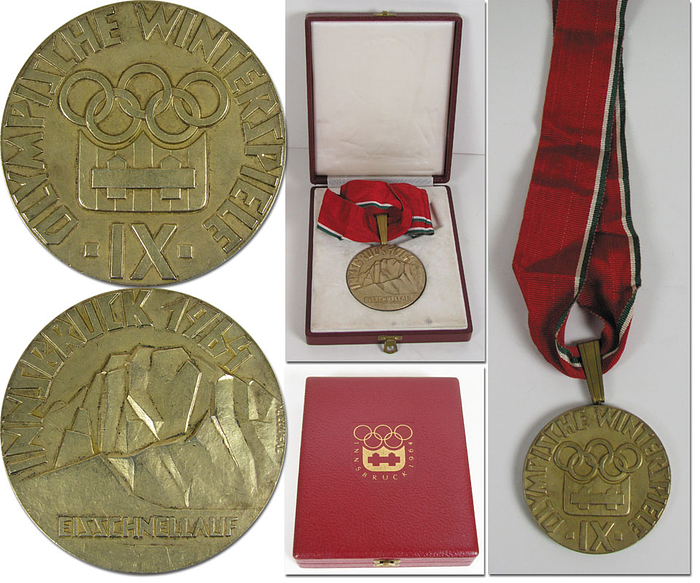 Goldmedaille für den 1.Platz bei den Olympischen Winterspielen Innsbruck 1964 im "Eisschnellauf". Entwurf: M.Coufal. Silber, vergoldet mit Anhänger und Seidenband, Gewicht: 168 Gramm, 7 cm. Im original Etui.