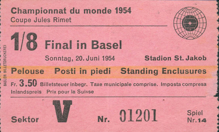 „1/8 Final“-Spiel in Basel am 20. Juni 1954,  (Vorrunde Deutschland - Ungarn 3:8).  9,5x6cm.
