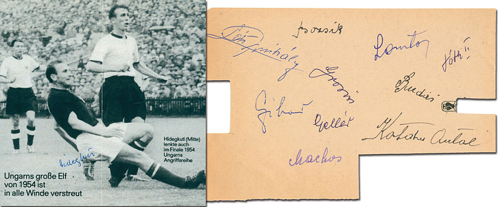 Blancobeleg mit 10 Originalsignaturen von der Fußballmannschaft von Ungarn 1952 - 1954. 10 Unterschriften (davon 9 Teilnehmer der Fußball - Weltmeisterschaft 1954). Unterschrieben haben Bozsik (+1978), Czibor (+1997), Geller (+1996), Lantos (+1989), Grosics (+2014), Machos (+2006), Budai (+1983), Jozsef Toth (+2017,Toth II), Mihaly Toth (+1990) und ein weiterer Spieler. 21x13,5 cm. Dabei ein S/W-Magazinfoto mit der original Signatur von Hidegkuti (+2002), 14,5x14,5 cm.