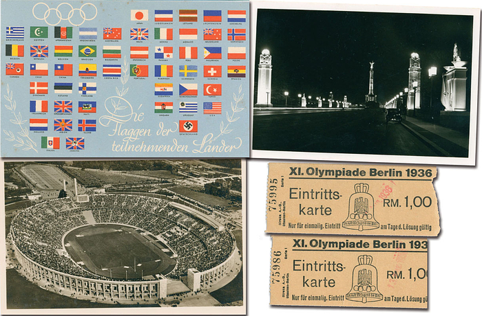 Zwei Tagestickets, die man vor dem Olympiastadion kaufen konnte. Mit Tagestempel "13.August" für Fußball  Spiel um den 3.Platz. Norwegen - Polen, je 10x4 cm. Dabei: 3 original Postkarten von den Olympischen Spielen Berlin 1936.