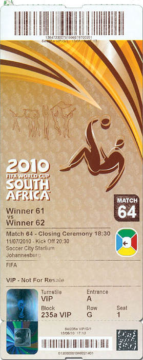 World Cup 2010. Final Ticket Spain v Netherland