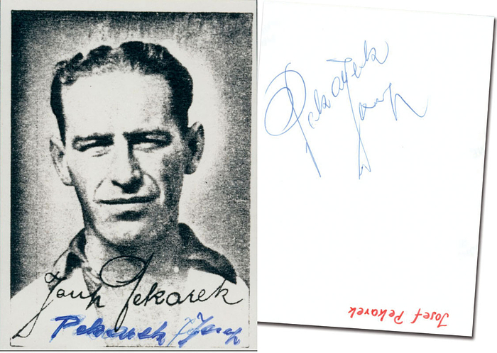(1913-1996) S/W-Reprofoto mit Originalsignatur von Josef Pekarek. Österreichischer Fußball-Nationalspieler (5 LS 1937) und 1939 ein Länderspiel für den DFB. 10x8 cm.