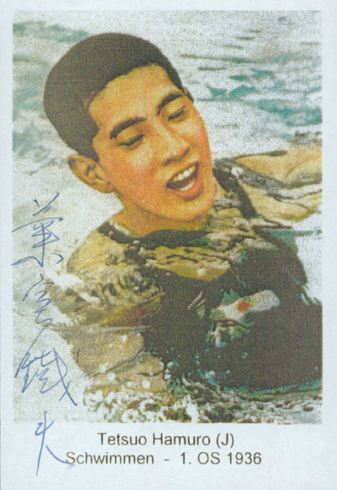(1917-2005) Farbiges Autogrammblatt mit original Signatur in japanischen Schriftzeichen von Tetsou Hamuro. Japanischer Silbermedaillen-Gewinner bie den Olympischen Spielen 1936 im Schwimmen. 14x9,5 cm.