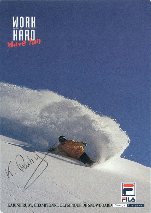(1978-2009) Autogrammkarte mit original Signatur von Karine Ruby (FRA). Erste Olympiasiegern im Snowboard Reisenslalom bei den Olympischen Spielen 1998 und Silber 2002 im Paralellslalom. 6fache Weltmeisterin von 1998 - 2003, 15x10 cm.