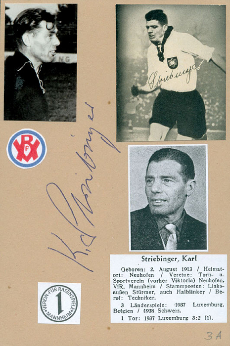 (1913-1981) Blancobeleg mit Originalsignatur von Karl Striebinger (3 DFB A-Länderspiele). 15x10 cm.
