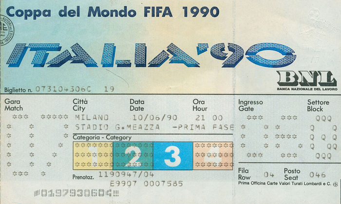 Gruppenspiel: Deutschland - Jugoslawien. 10.06.1990 in Mailand. 15,5x9,5  cm.