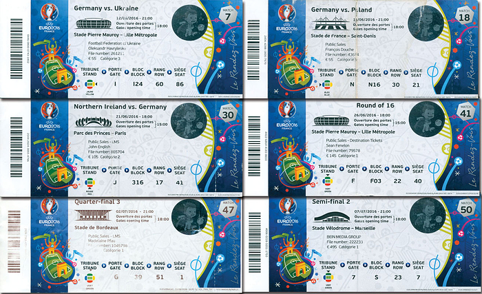 6 Tickets alle Spiele von Deutschland bei der UEFA Fußball - Europameisterschaft 2016 in Frankreich. Je 20,5x8,5 cm.