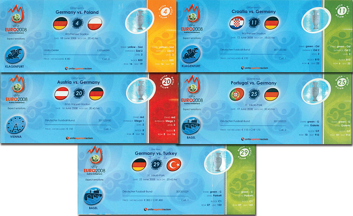 UEFA Euro 2008 Österreich/Schweiz. Alle fünf Tickets von den Spielen der deutschen Mannschaft bei der Europameisterschaft  bis zum Endspiel 1) Polen 8.6. 2) Kroatien 12.6. 3) Österreich 16.6. 4) Viertelfinale Portugal 19.6. 5) Halbfinale Türkei 25.6., je 20x8cm.