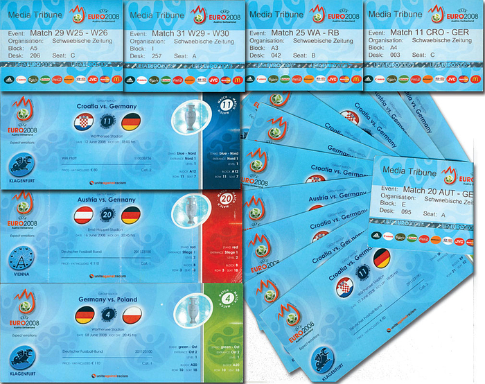 18x Tickets UEFA Euro 2008 Österreich/Schweiz. Mit vielen Dublette.n je 20x8cm + 10x7 cm.