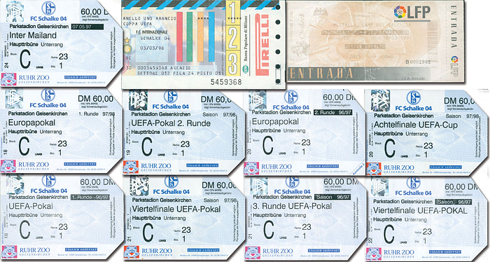 11 Tickets UEFA Cup  1996 - 1998 von Schalke 04 inkl. Finale Inter Mailand v Schalke 04 am 7.5.1997 in Gelsenkirchen. je 14x7,5 cm + 10,5 x 7,5 cm.
