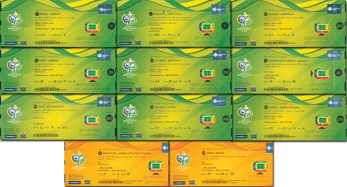11 Tickets der Fussball-Weltmeisterschaft 2006 in Deutschland: Spiel 1, 4, 11, 15, 20, 21, 29, 30, 33, 43, 48; . Je 20x8cm..