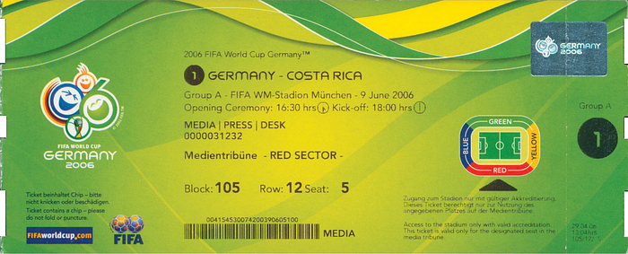 FIFA World Cup Germany 2006. Opening Ceremony Spiel 1 Gruppe A: Deutschland - Costa Rica am 9.Juni im Olympiastadion Berlin. 20x8,5 cm.