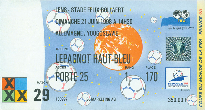 Deutschland - Jugoslawien am 21.6.98 in Lens, Stade Felix Bollaert. 16,5x9 cm.