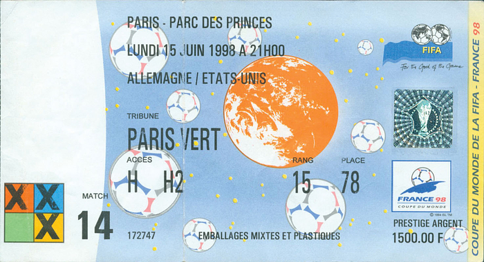 WM Frankreich 1998. Paris Parc de Princes 15.6.98. Deutschland - USA. 16,5x9 cm.