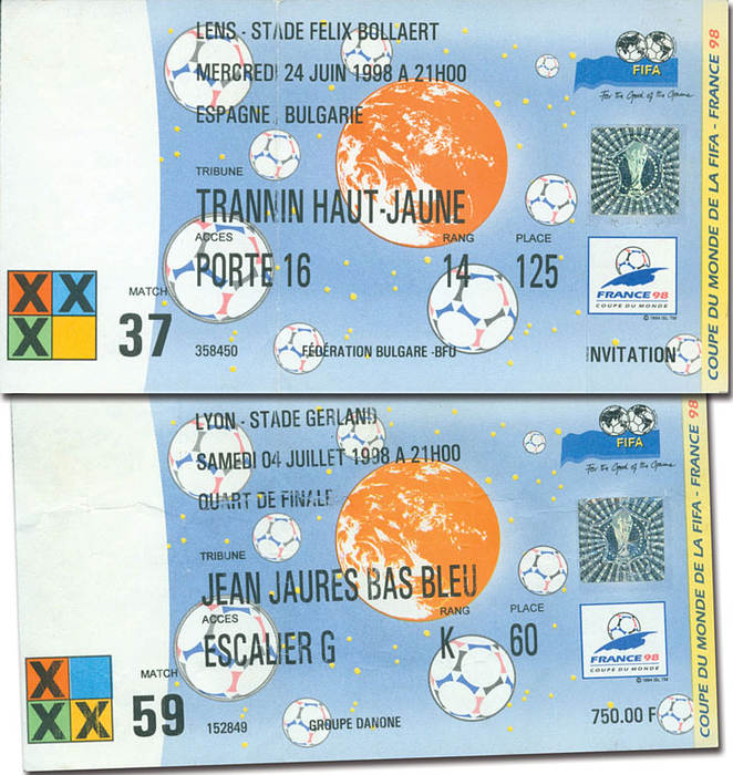 2 Eintrittskarten von der Fußball Weltmeisterschaft Frankreich 1998. Spiel37 + 59, Je 20x9 cm.
