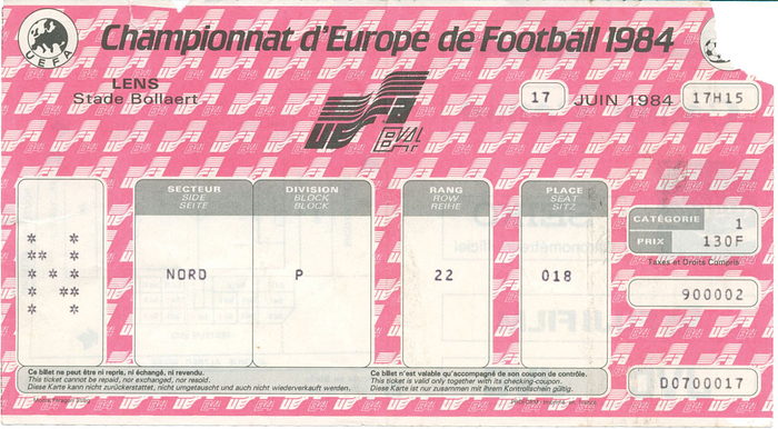 Championnat d´Europe de Football 1984. Rumänien - Deutschland (1:2). 17.6.1984 in Lens. 18x10cm.