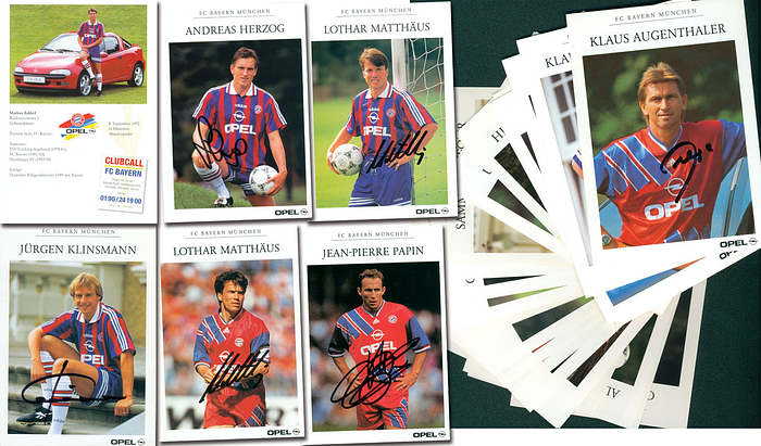 38 verschiedene Autogrammkarten "Opel" aus der Saison 1994 - 1996 jeweils mit Originalsignaturen von Spielern des FC Bayern München. 28 verschiedene Spieler, davon 10 Spieler mit zwei verschiedenen Kartenmotiven. Je 15x10,5 cm.
