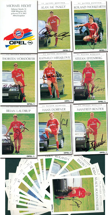 25 verschiedene Autogrammkarten "Opel" aus der Saison 1990/91 jeweils mit Originalsignaturen von Spielern des FC Bayern München. Je 15x10,5 cm.