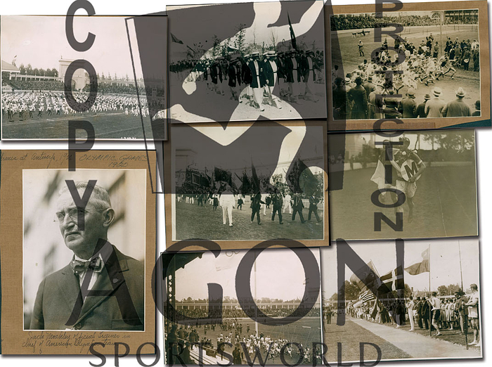 8 original S/W-Pressefotos (Western Newspaper Union) von den Olympischen Spielen 1920 in Antwerpen, je 19x13,5 cm.