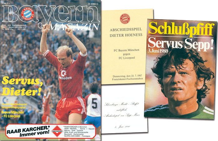 2x Programm und 2x offizielle Speisekarten für die Abschiedsspiele von Sepp maier am 3.6.1980 und Dieter Hoeness am 23.7.1987.