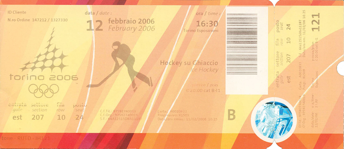 Eintrittskarte Eishockey der Frauen für die Olympischen Winterspiele Turin 2006 Rußland v Kanada (0:12). 12.2.2006, 19x8 cm.