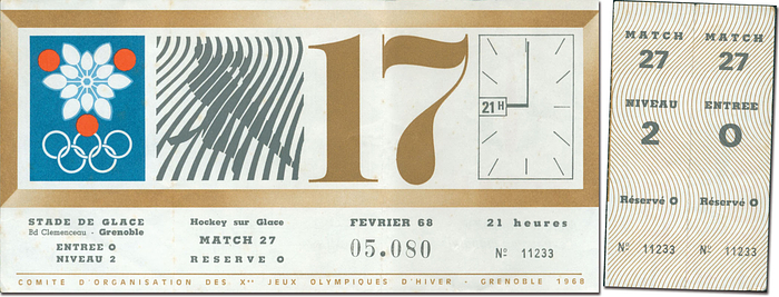 Olympische Winterspiele Grenoble 1968. Eintrittkarte 17.2. Eishockey 21.00. (UdSSR v Kanada 5:0). 26x10 cm!!!.