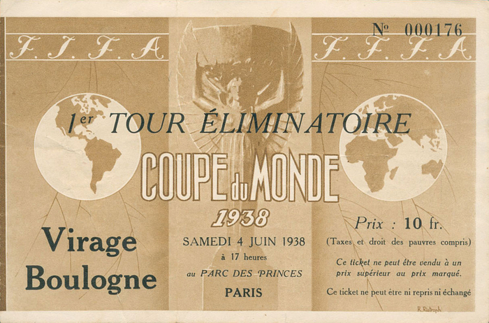 Coupe du Monde 1938. 1er Tour Éliminatoire. Samedi 4 Juin 1938. Parc des Princes (Deutschland - Schweiz 1:1). Eintrittskarte von der Fußball-Weltmeisterschaft 1938. 15,5x10,2 cm. Lithografischer Druck.