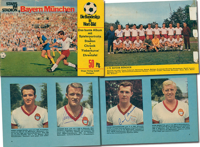 Stars im Stadion. Bayern München. Das bunte Album mit Spielerportraits. Stadion. Chronik. „Fieberkurve“. Ehrentafel. Mit 7 original Signaturen der Spieler im Innenteil.