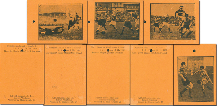 Fussball 1950/51. 4 verschiedene Sammelbilder "Fußball" 1950/51, München Bunurö-Werbung 1950, Karton, je 7x5 cm. In der äußerst seltenen orangenen Version!.