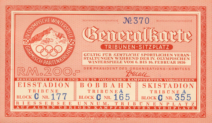 Generalkarte Nr. 370. Tribünen-Sitzplatz. Gültig für sämtlliche sportlichen Veranstaltungen während der IV.Olympischen Winterspiele vom 6. bis 16.Februar 1936. Karton, 14,5x8,5 cm.