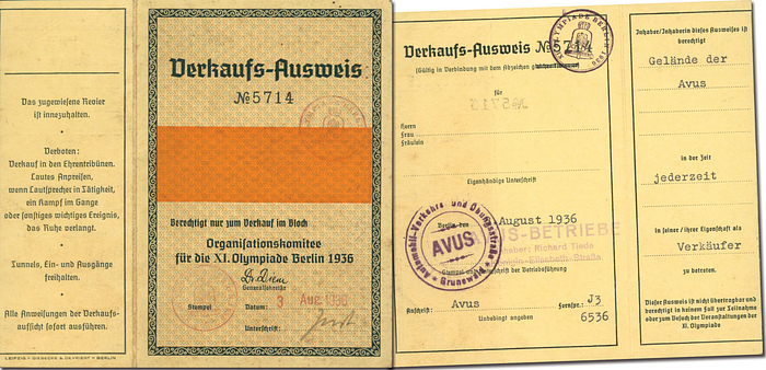 Verkaufs-Ausweis No. 5714. Für das Gelände der Avus. Organisationskomitee für die XI.Olympiade Berlin 1936.
