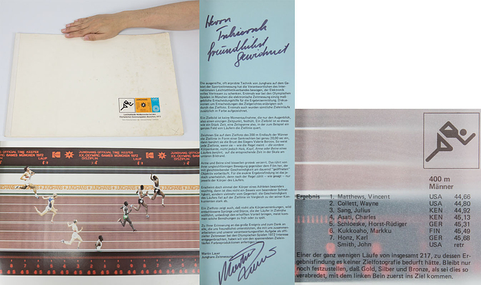 Leichtathletik - Wettbewerbe bei den Olympischen Sommerspielen München 1972. Eine Dokumentaion der interessantesten Zielfoto. Mit original Signatur von Martin Lauer (1937-2019; GER; Godmedaille 1960 4x100 m).