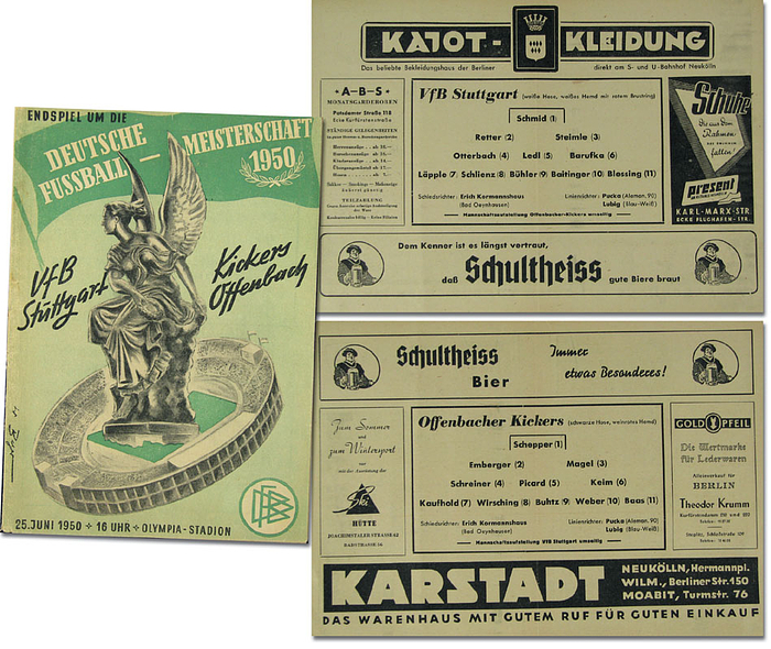 Endspiel Deutsche Fußballmeisterschaft 1950. VfB Stuttgart - Kickers Offenbach. 25.6.1950 im Olympia-Stadion Berlin. Offizielles Programm.