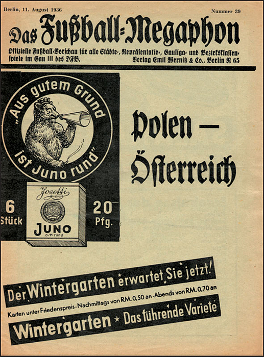 Polen - Österreich. 11.8.1936. Das Fußball-Megaphon. Nr. 39. Olympische Spiele Berlin 1936 Fußballturnier.