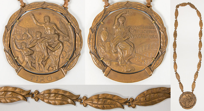 Siegermedaille für einen 3.Platz im Schießen bei den Olympischen Sommerspielen Rom 1960. Bronze, 5,4 cm  mit Bronzekette und Bronzemedaillion mit Gravur "TIRO" (Schießen).