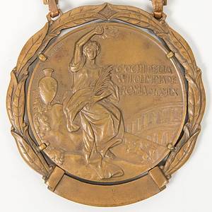 Siegermedaille für einen 3.Platz im Schießen bei den Olympischen Sommerspielen Rom 1960. Bronze, 5,4 cm  mit Bronzekette und Bronzemedaillion mit Gravur "TIRO" (Schießen). - Bild 3