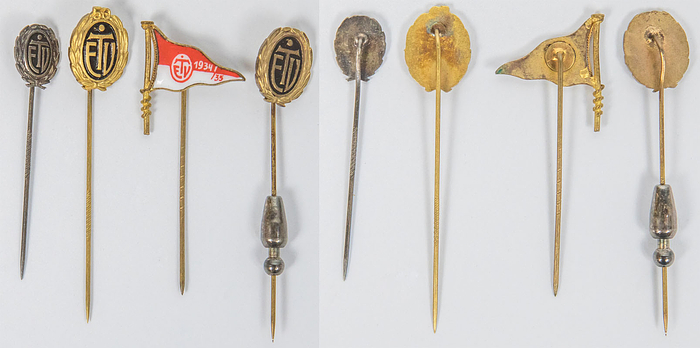 4 verschiedene Vereinsnadel des Eimsbütteler TV (Hamburg) aus der Zeit von 1930 bis 1950. Silber vergoldet; Bronze versilbert oder vergoldet, drei teilweise schwarz und eine rot-weiß emailliert, 2,5x2,1 bis 1,4x1,1 cm.