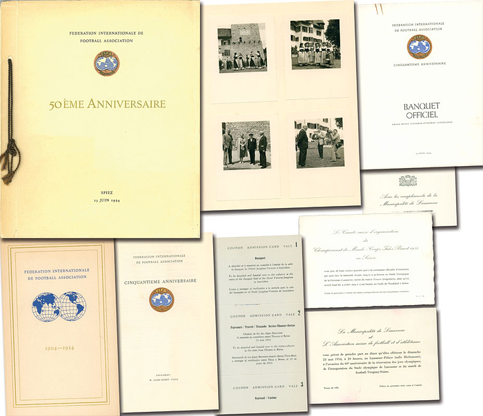 6 Stücke aus dem Nachlass eines hohen FIFA-Funktionärs zum 50jährigen Jubiläum der FIFA 1954: 1) 50eme Anniversiare Spiez 23 Juin 1954. Offizielles Fotoalbum der FIFA für die Teilnehmer an Jubiläumsfeier. 13 Albumblätter mit ca. 50 original S/W-Fotos (alle per Hand in das Album montiert), die Feier zum 50jährigen Jubiläum dokumentieren. Auf vielen Fotos ist der FIFA-Präsident Jules Rimet abgebildet. Karton, 26x22 cm. Auflage ca. 100 Exemplare!. 2) FIFA Ciquantieme Anniversaire 1904-1954. Offizielles Programm für die Jubiläumsfeier am 23.06.1954. Viersprachig. 46 Seiten mit Fotos allen Tickets für das Bankett. Karton 22x13 cm. 3) Speisekarte "Banquett Officiel". 4 Seiten, 19x15 cm. 4-6) Drei Karten die die FIFA-Executivmitlglieder anläßlich der Fußball - Weltmeisterschaft 1954 erhielten. Karton, 15x10 + 10x7,5 cm.
