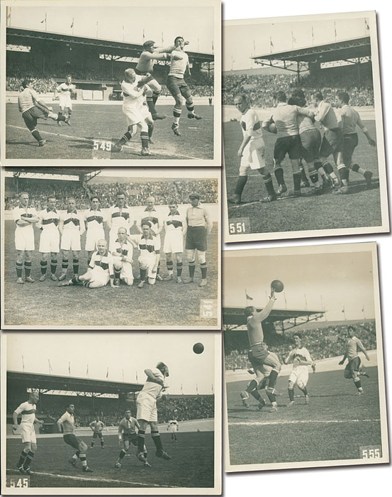 5 großformatiges S/W-Pressefoto von der deutschen Nationalmannschaft vom Fußballturnier der Olympischen Spielen 1928 in Amsterdam. Alle Fotos vom Spiel Uruguay vs Deutschland (4:1). Je 24x18cm.